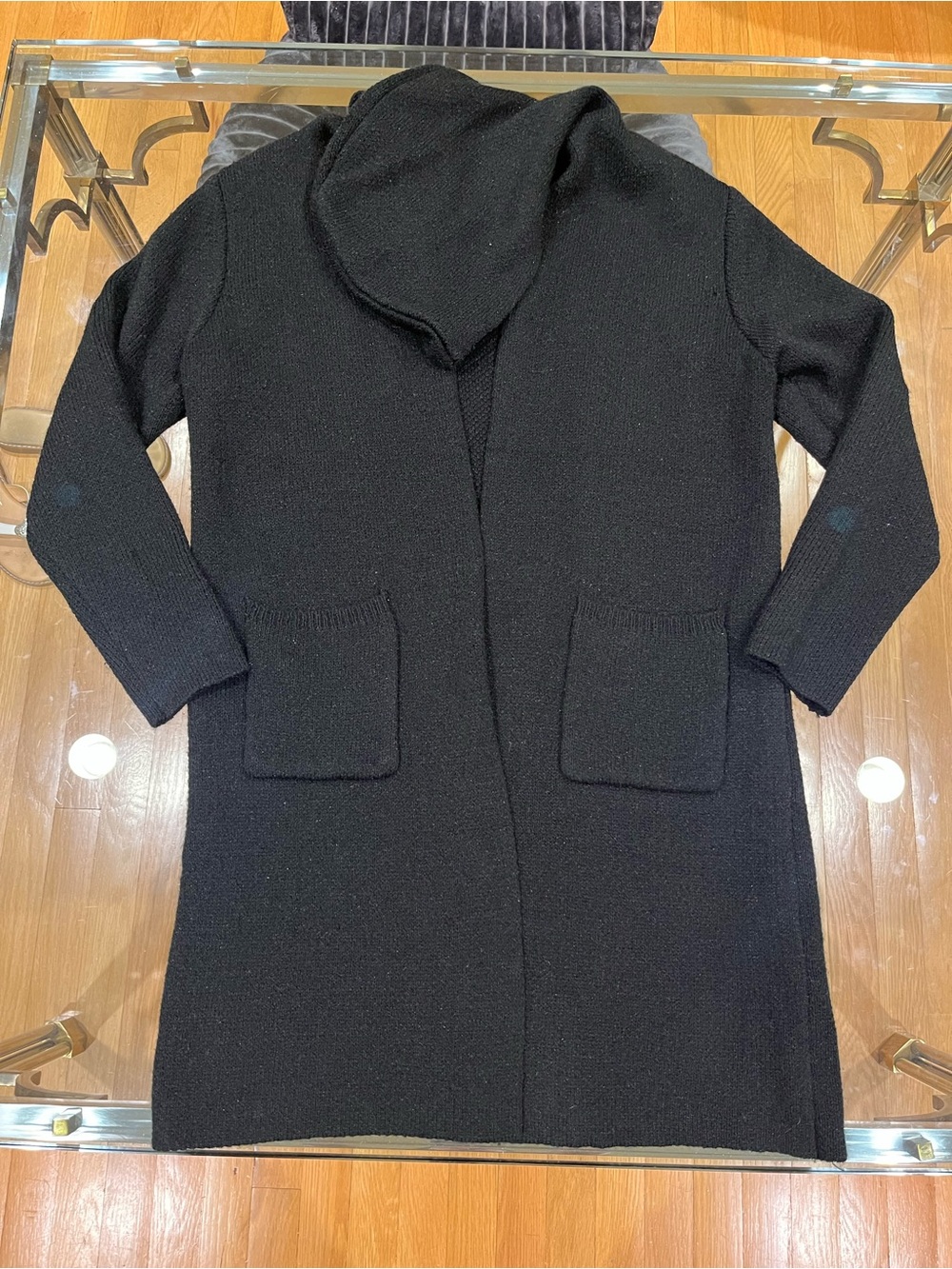 Black Hooded Open-Front Cardigan Sweater